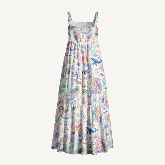 Mermaid Sea Print Wide Straps Maxi Dress With Pockets