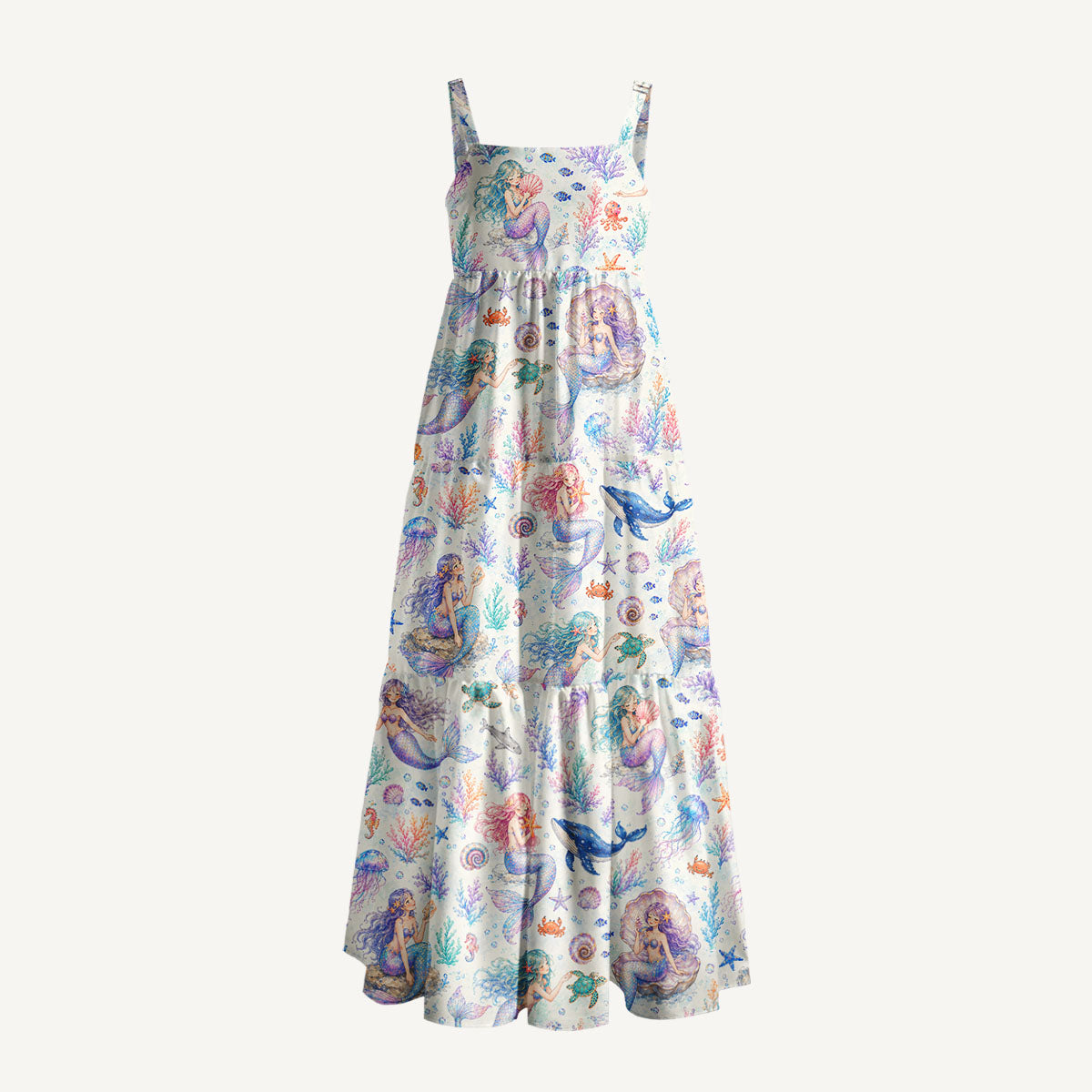 Mermaid Sea Print Wide Straps Maxi Dress With Pockets