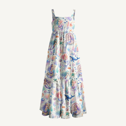 Mermaid Sea Print Wide Straps Maxi Dress With Pockets