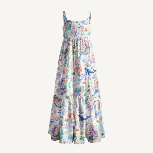 Mermaid Sea Print Wide Straps Maxi Dress With Pockets