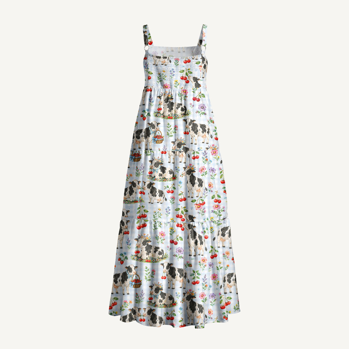 Milk Cow Cherry Garden Print Wide Straps Maxi Dress With Pockets