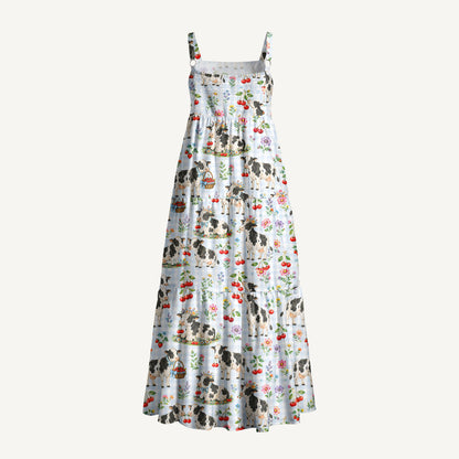 Milk Cow Cherry Garden Print Wide Straps Maxi Dress With Pockets
