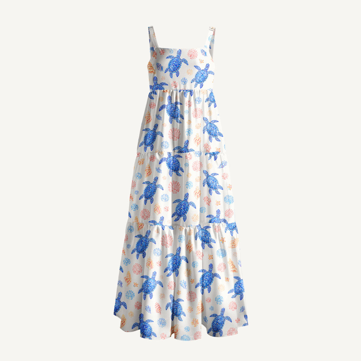 Ocean Blossom Turtles Print Wide Straps Maxi Dress With Pockets