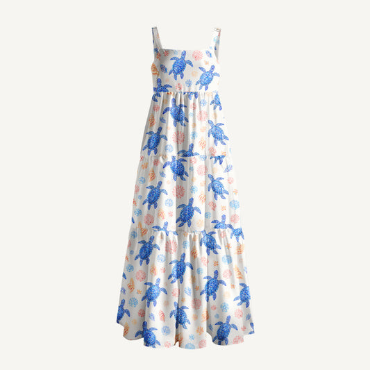 Ocean Blossom Turtles Print Wide Straps Maxi Dress With Pockets