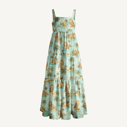 Owl Hawaii Print Wide Straps Maxi Dress With Pockets