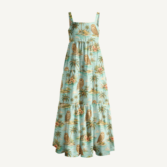 Owl Hawaii Print Wide Straps Maxi Dress With Pockets