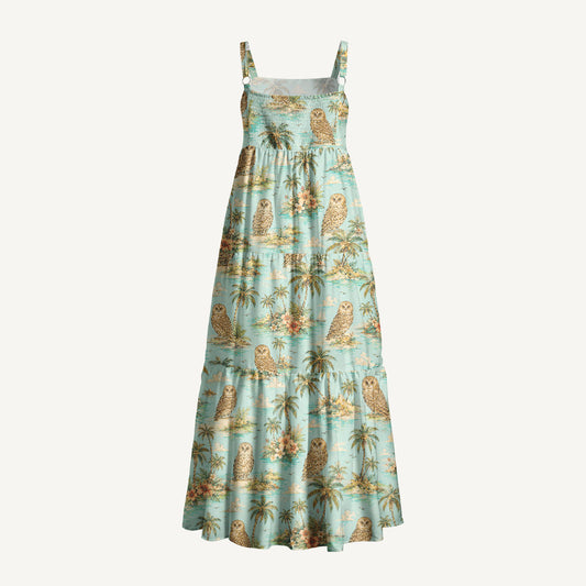 Owl Hawaii Print Wide Straps Maxi Dress With Pockets