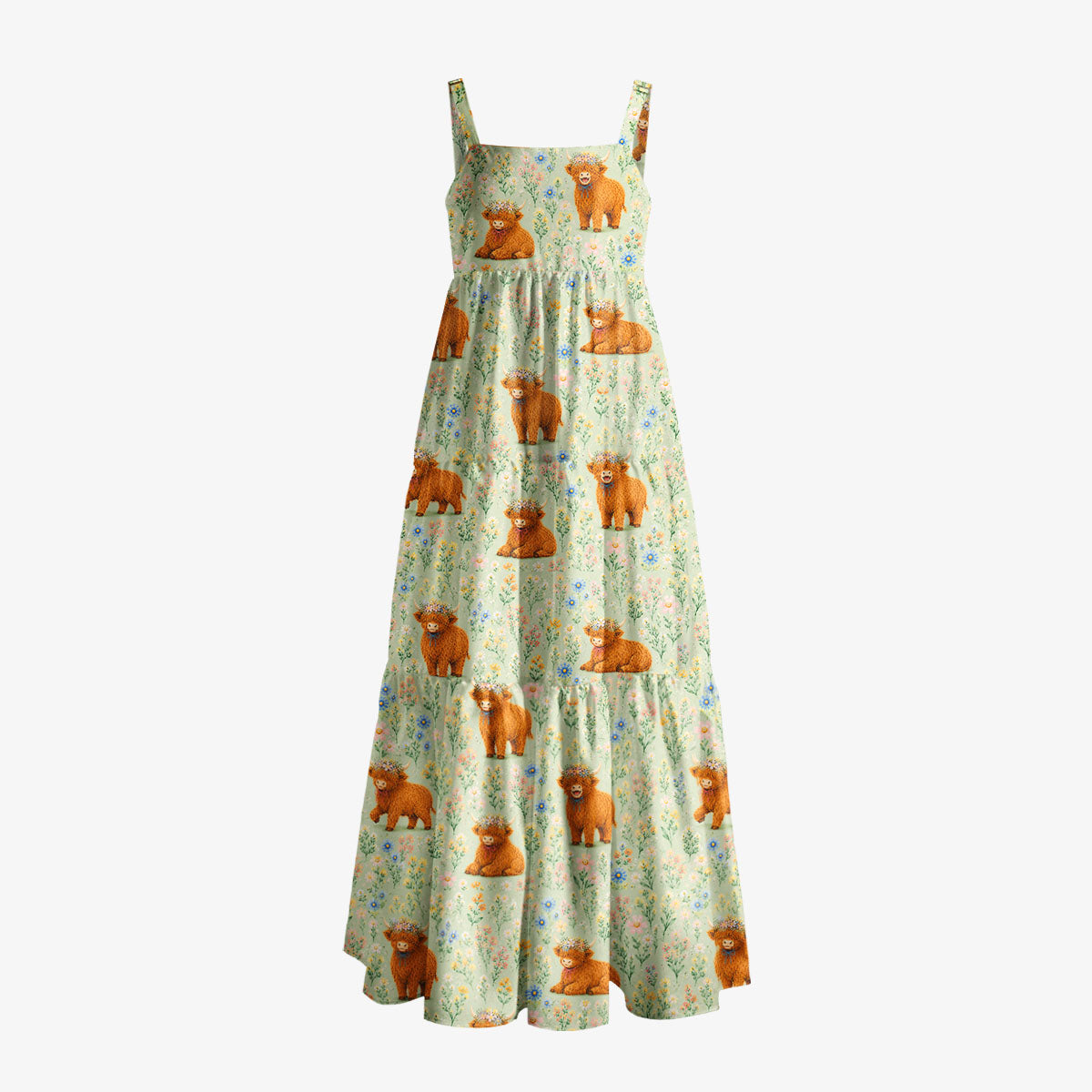 Pastel Meadow Highland Cattle Print Wide Straps Maxi Dress With Pockets
