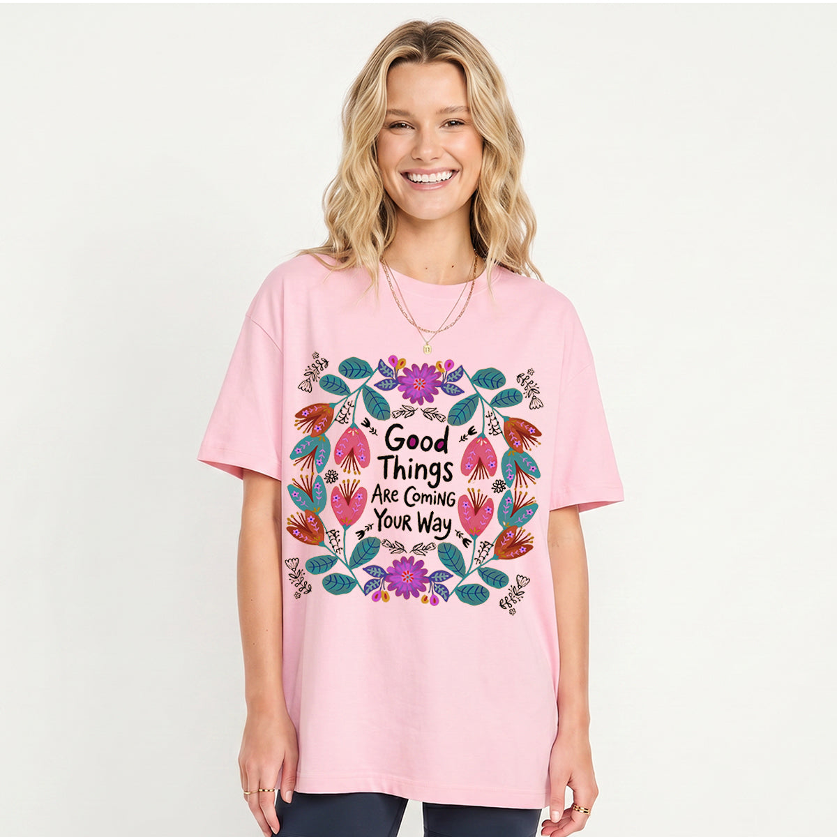 Good Things Are Coming Your Way Print Crew Neck Cotton Tee