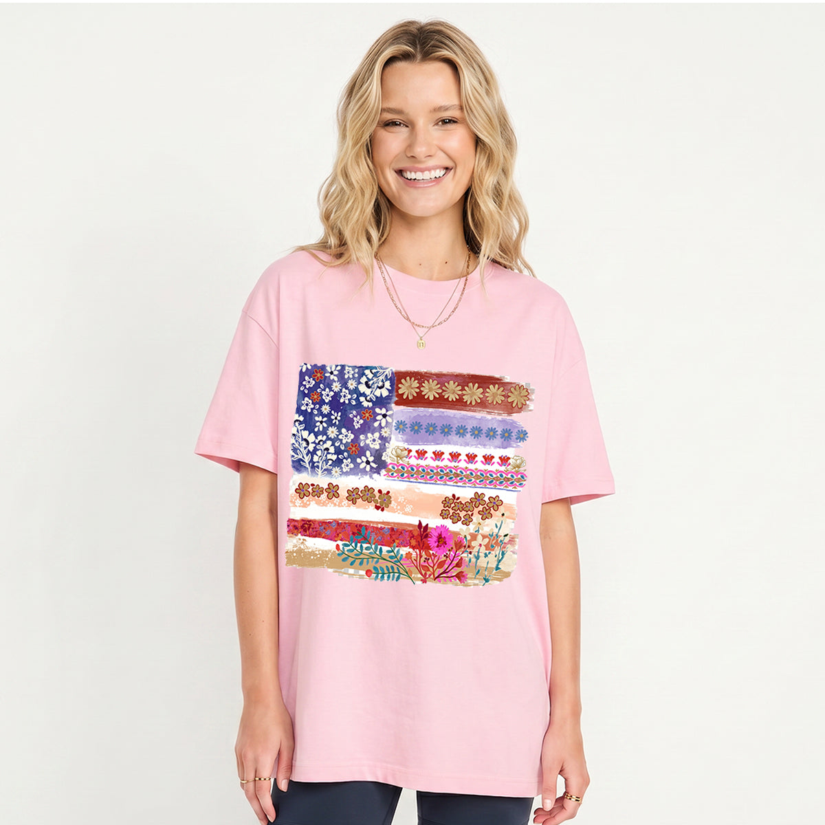 Flower Flag Print Crew Neck Cotton Tee
