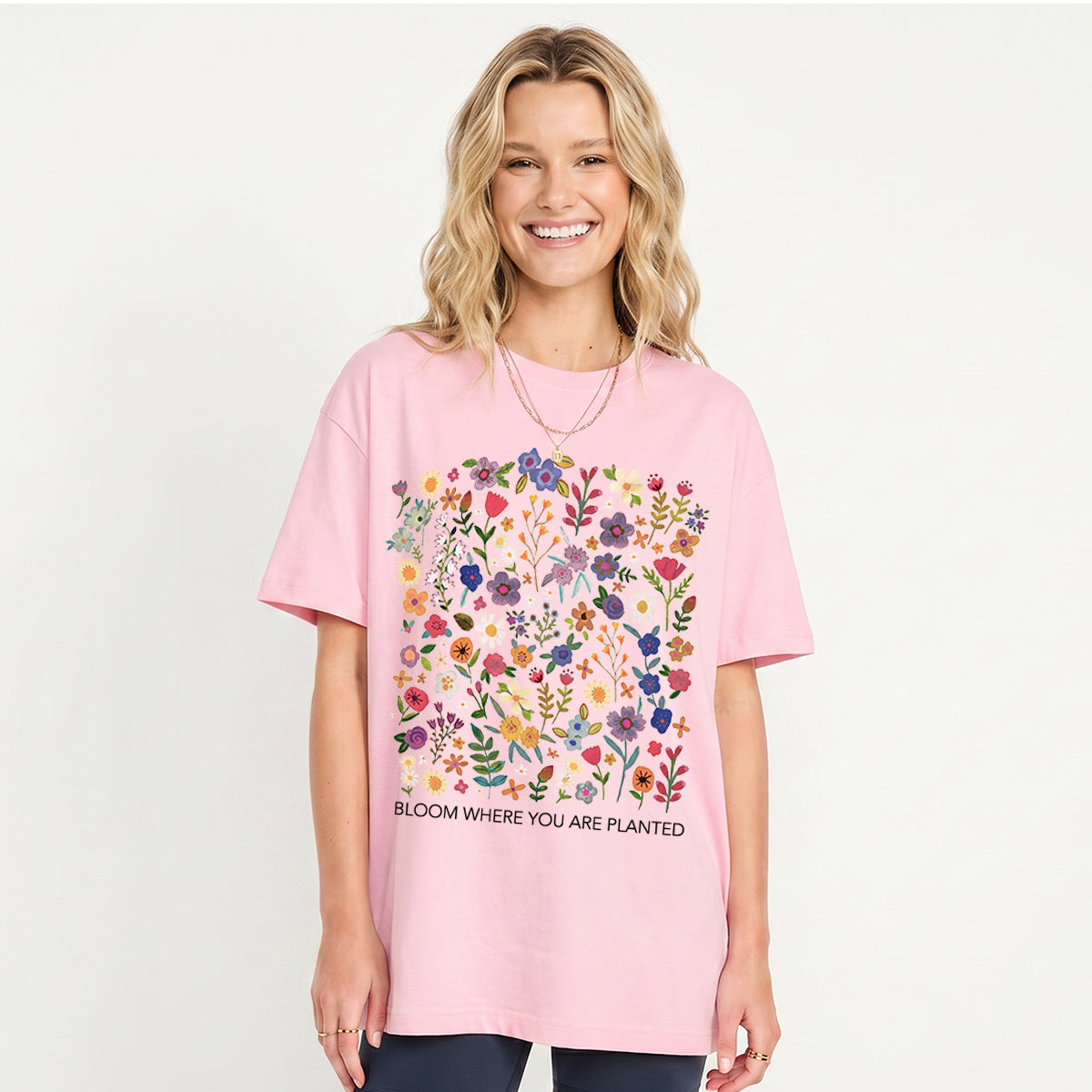 Bloom Where You Are Planted Print Crew Neck Cotton Tee