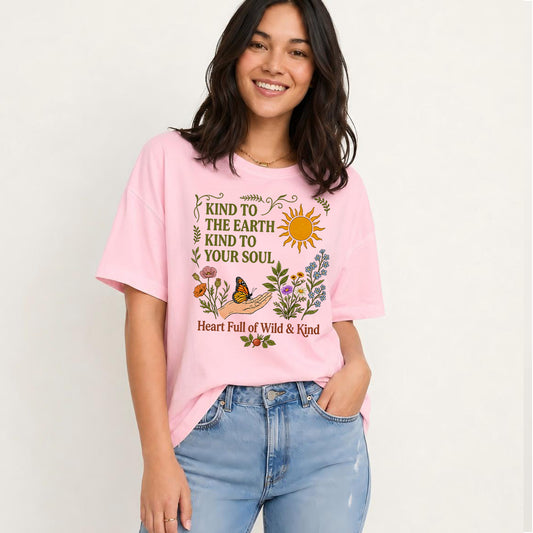 Kind Earth Kind Soul Print Crew Neck Cotton Tee