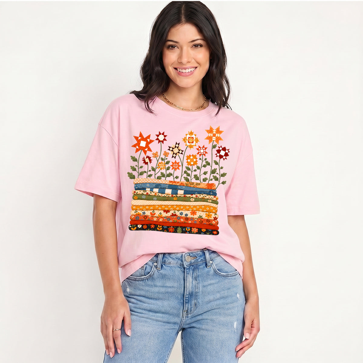 Patchwork Star Quilt Garden Print Crew Neck Cotton Tee