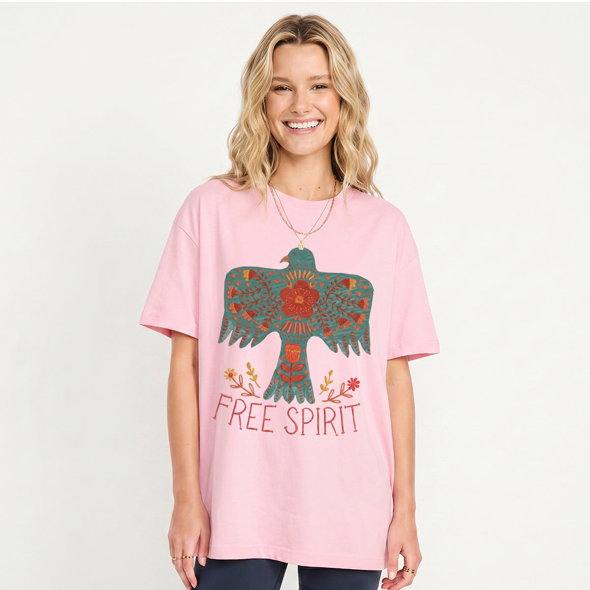 Boho Free Spirit Print Crew Neck Cotton Tee