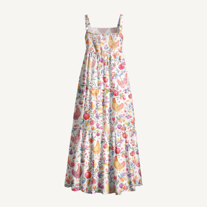 Pomegranate Hen Garden Print Wide Straps Maxi Dress With Pockets