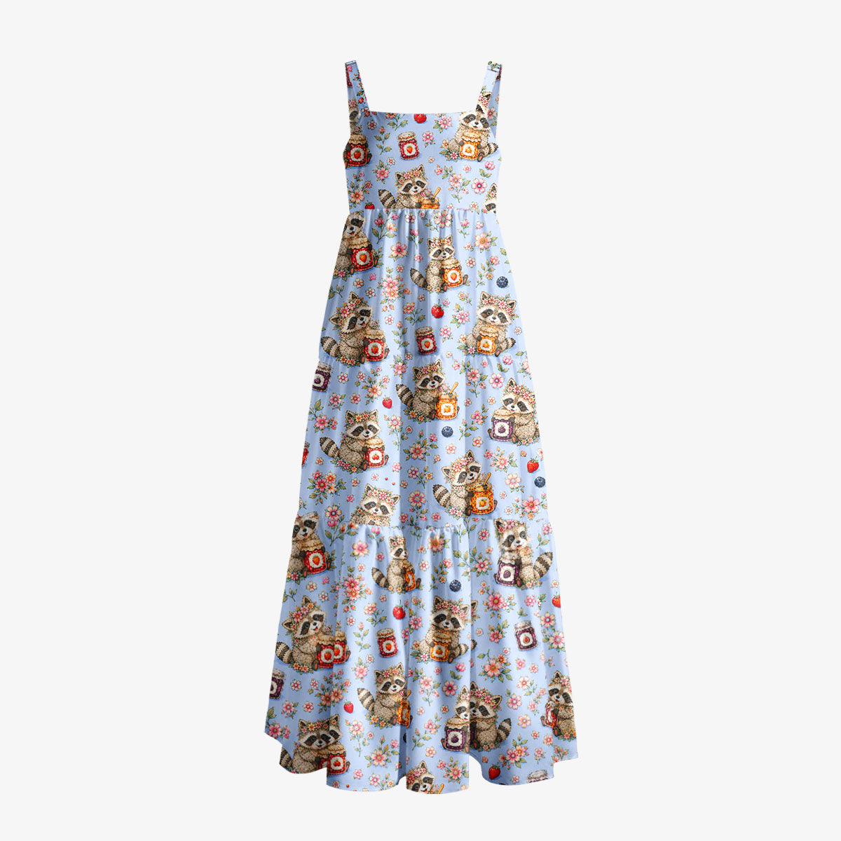 Raccoons Raspberry Jam Print Wide Straps Maxi Dress With Pockets