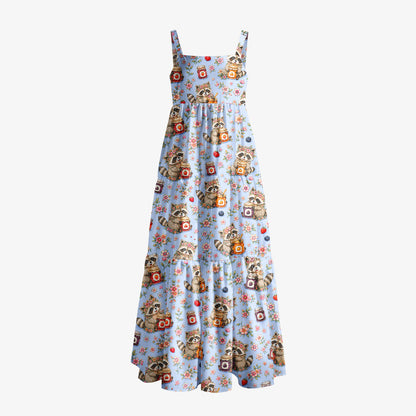 Raccoons Raspberry Jam Print Wide Straps Maxi Dress With Pockets