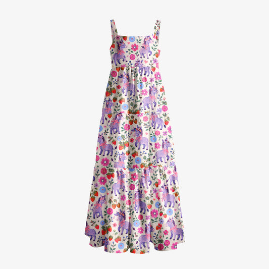 Strawberry Blossom Donkeys Print Wide Straps Maxi Dress With Pockets