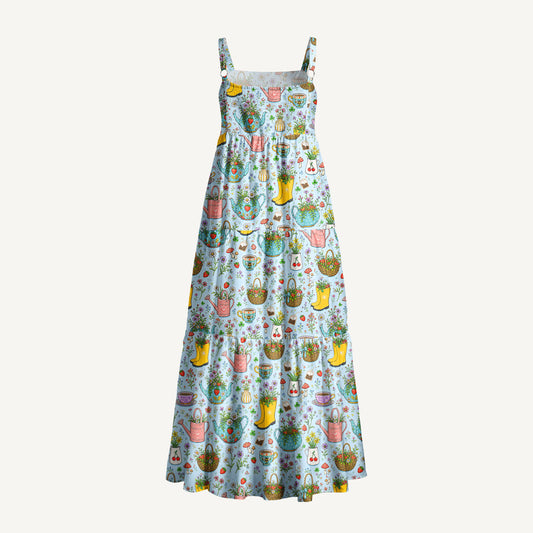 Strawberry Cottage Tea Garden Print Wide Straps Maxi Dress With Pockets