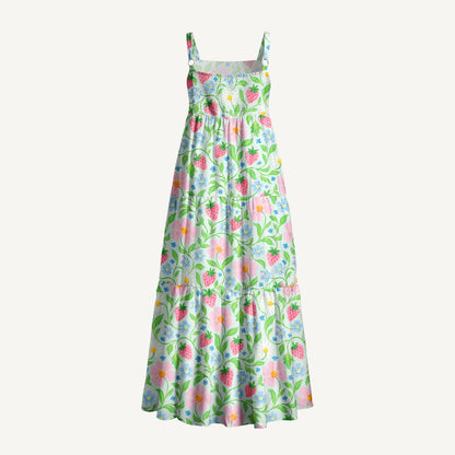 Strawberry Daisy Dream Print Wide Straps Maxi Dress With Pockets