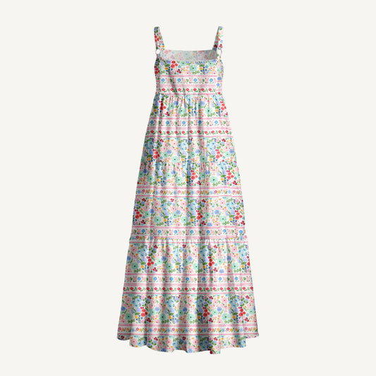 Summer Bloom Border Stripe Print Wide Straps Maxi Dress With Pockets