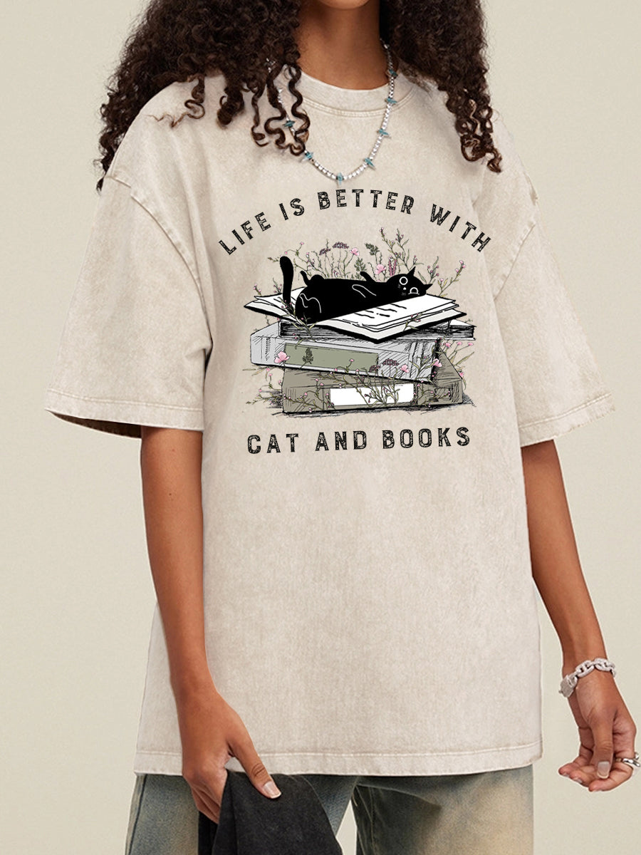 Vintage Floral Cat Books Washed T-Shirt