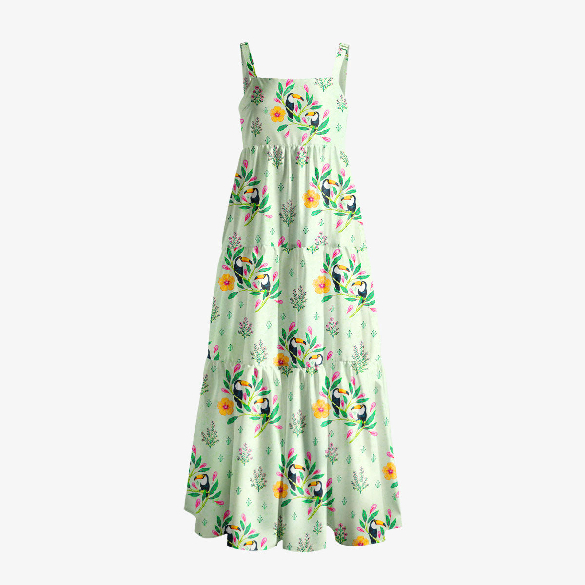 Tropical Toucan Garden Print Wide Straps Maxi Dress With Pockets