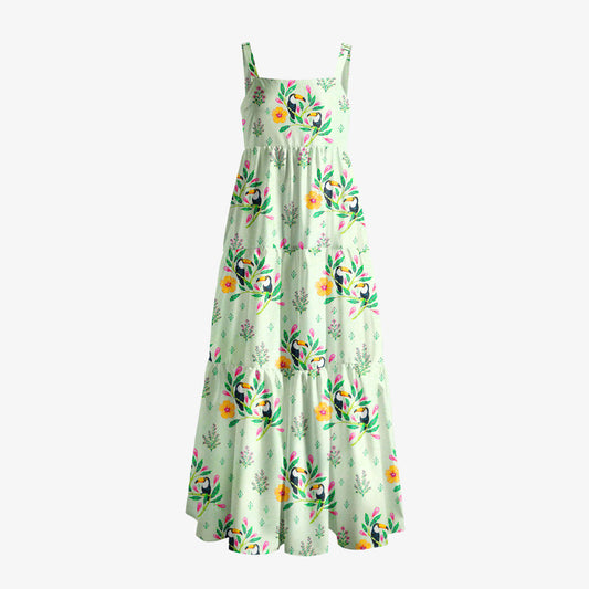 Tropical Toucan Garden Print Wide Straps Maxi Dress With Pockets