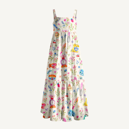 Vintage Baking Garden Print Wide Straps Maxi Dress With Pockets