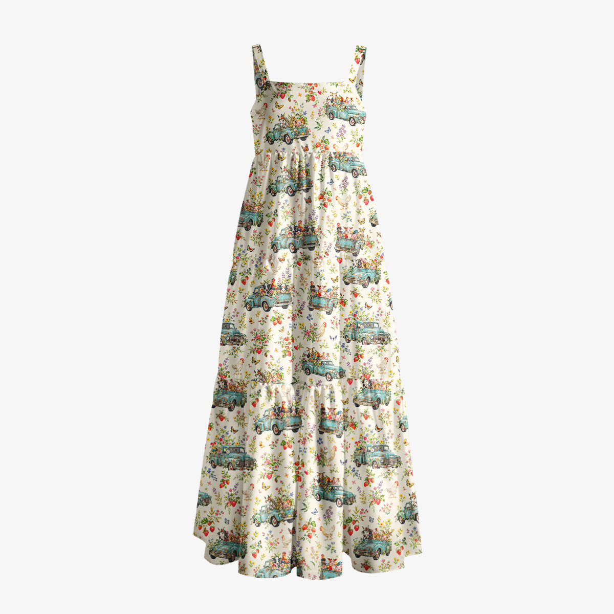 Vintage Blue Truck Garden Party Print Wide Straps Maxi Dress With Pockets
