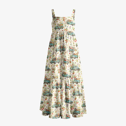 Vintage Blue Truck Garden Party Print Wide Straps Maxi Dress With Pockets