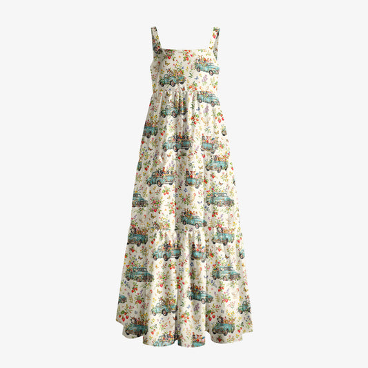 Vintage Blue Truck Garden Party Print Wide Straps Maxi Dress With Pockets