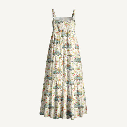 Vintage Blue Truck Garden Party Print Wide Straps Maxi Dress With Pockets