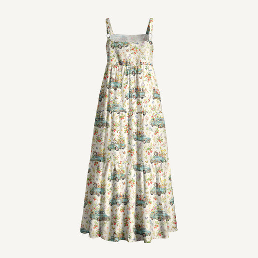 Vintage Blue Truck Garden Party Print Wide Straps Maxi Dress With Pockets