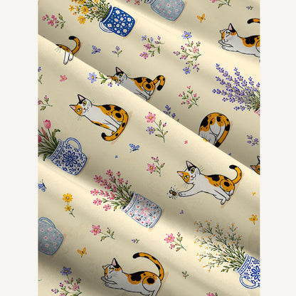 Vintage Floral Cats Print Wide Straps Maxi Dress With Pockets