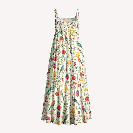 Vintage Orchard Birds Print Wide Straps Maxi Dress With Pockets
