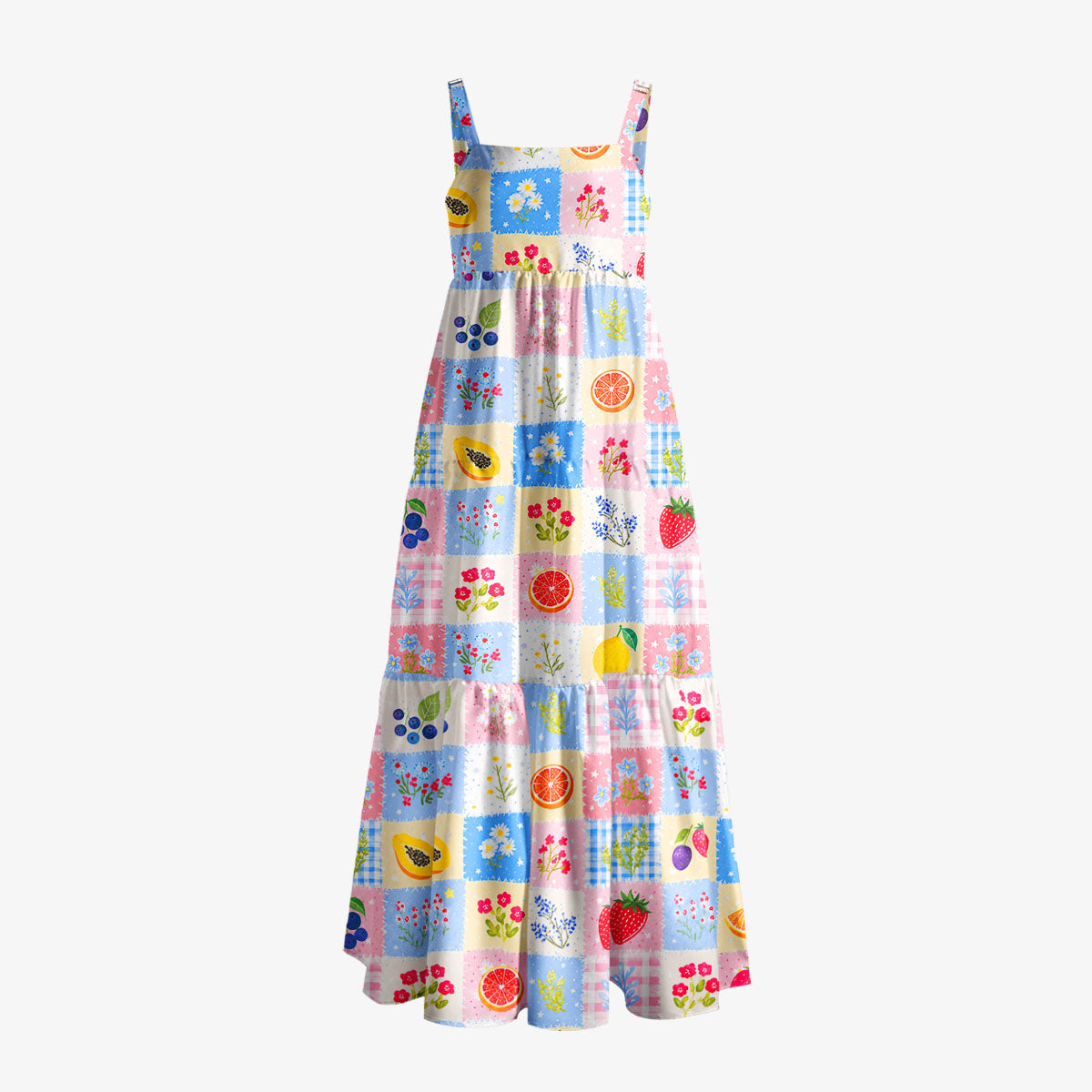 Watercolor Fruit Blossom Print Wide Straps Maxi Dress With Pockets