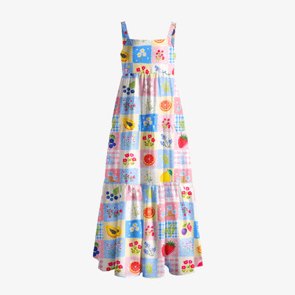 Watercolor Fruit Blossom Print Wide Straps Maxi Dress With Pockets