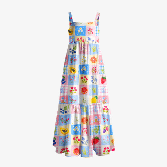 Watercolor Fruit Blossom Print Wide Straps Maxi Dress With Pockets