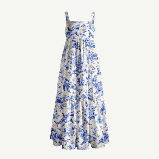 Whales of Delft Print Wide Straps Maxi Dress With Pockets