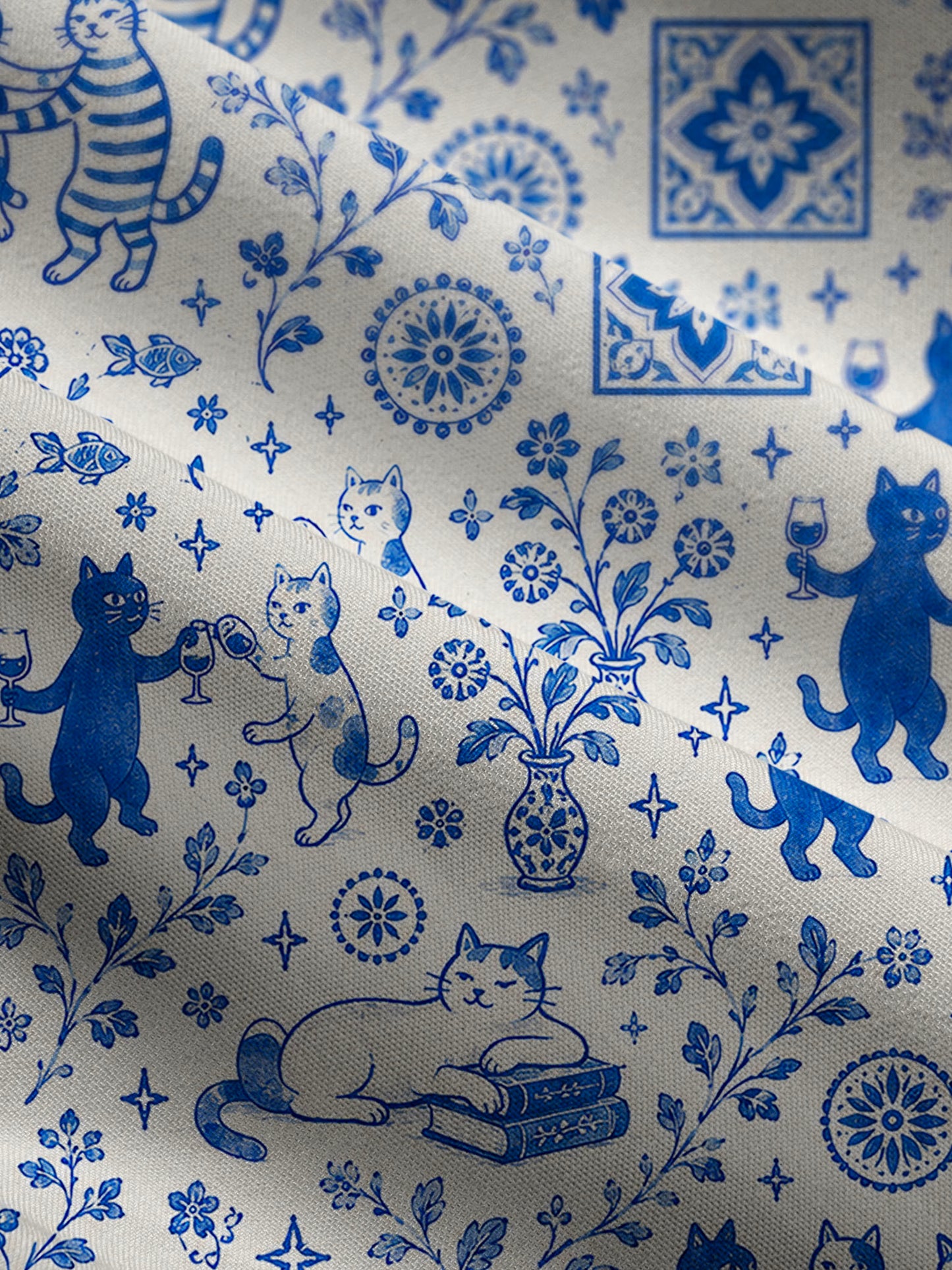 V Neck Collared Whimsical Delft Cats Print Casual Midi Dress With Pockets