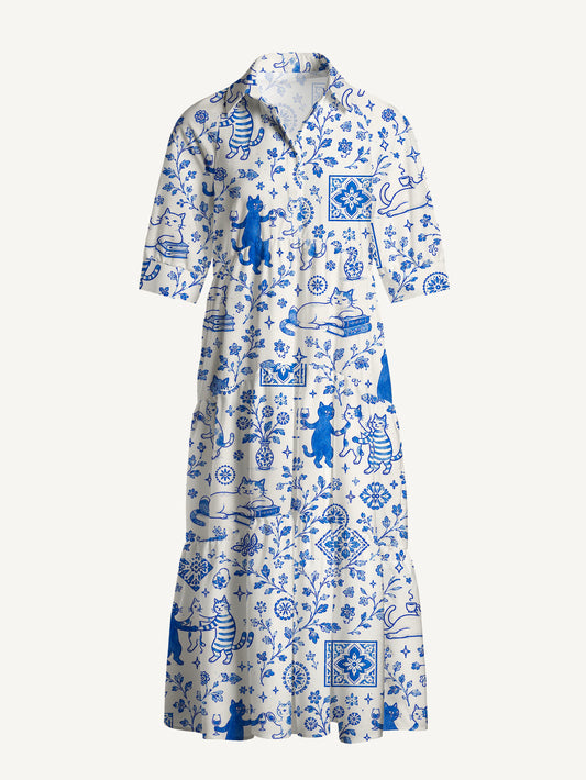 V Neck Collared Whimsical Delft Cats Print Casual Midi Dress With Pockets