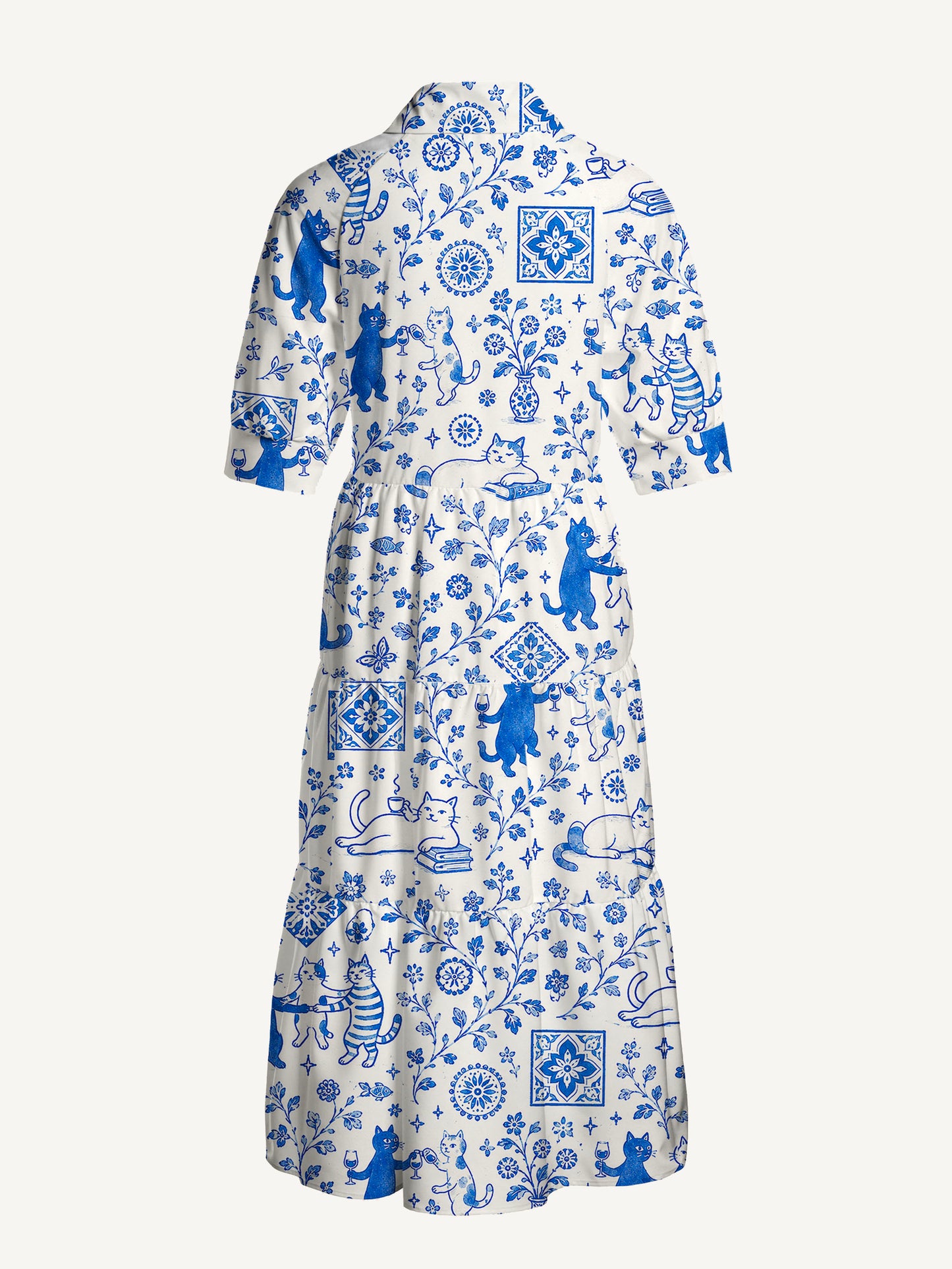 V Neck Collared Whimsical Delft Cats Print Casual Midi Dress With Pockets