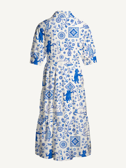 V Neck Collared Whimsical Delft Cats Print Casual Midi Dress With Pockets