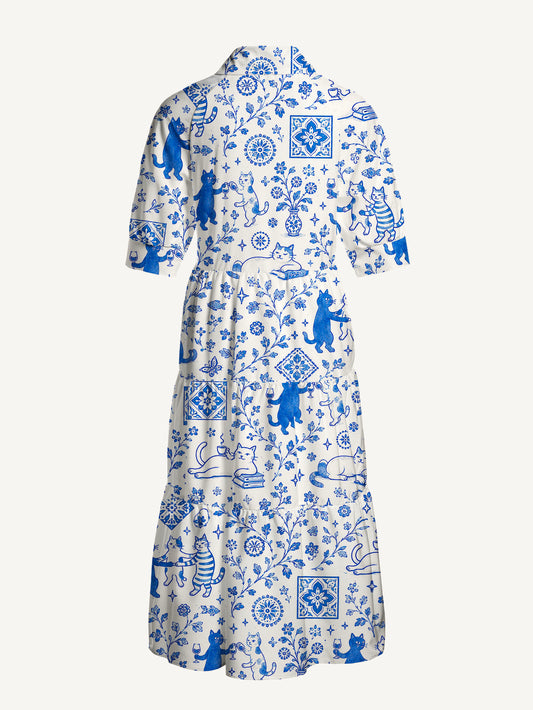 V Neck Collared Whimsical Delft Cats Print Casual Midi Dress With Pockets