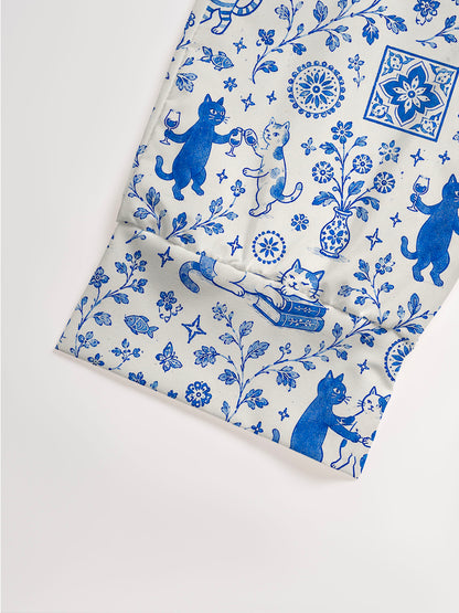 V Neck Collared Whimsical Delft Cats Print Casual Midi Dress With Pockets