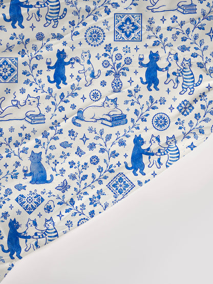 V Neck Collared Whimsical Delft Cats Print Casual Midi Dress With Pockets