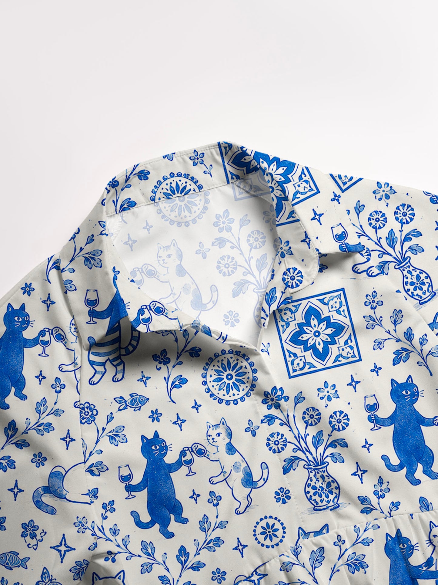V Neck Collared Whimsical Delft Cats Print Casual Midi Dress With Pockets