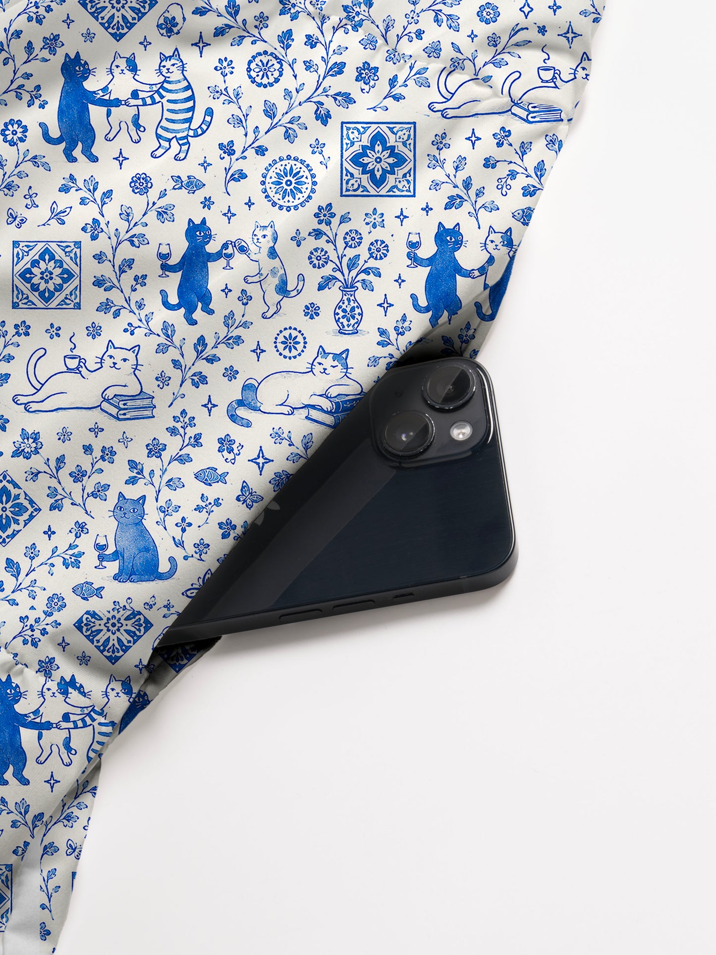 V Neck Collared Whimsical Delft Cats Print Casual Midi Dress With Pockets