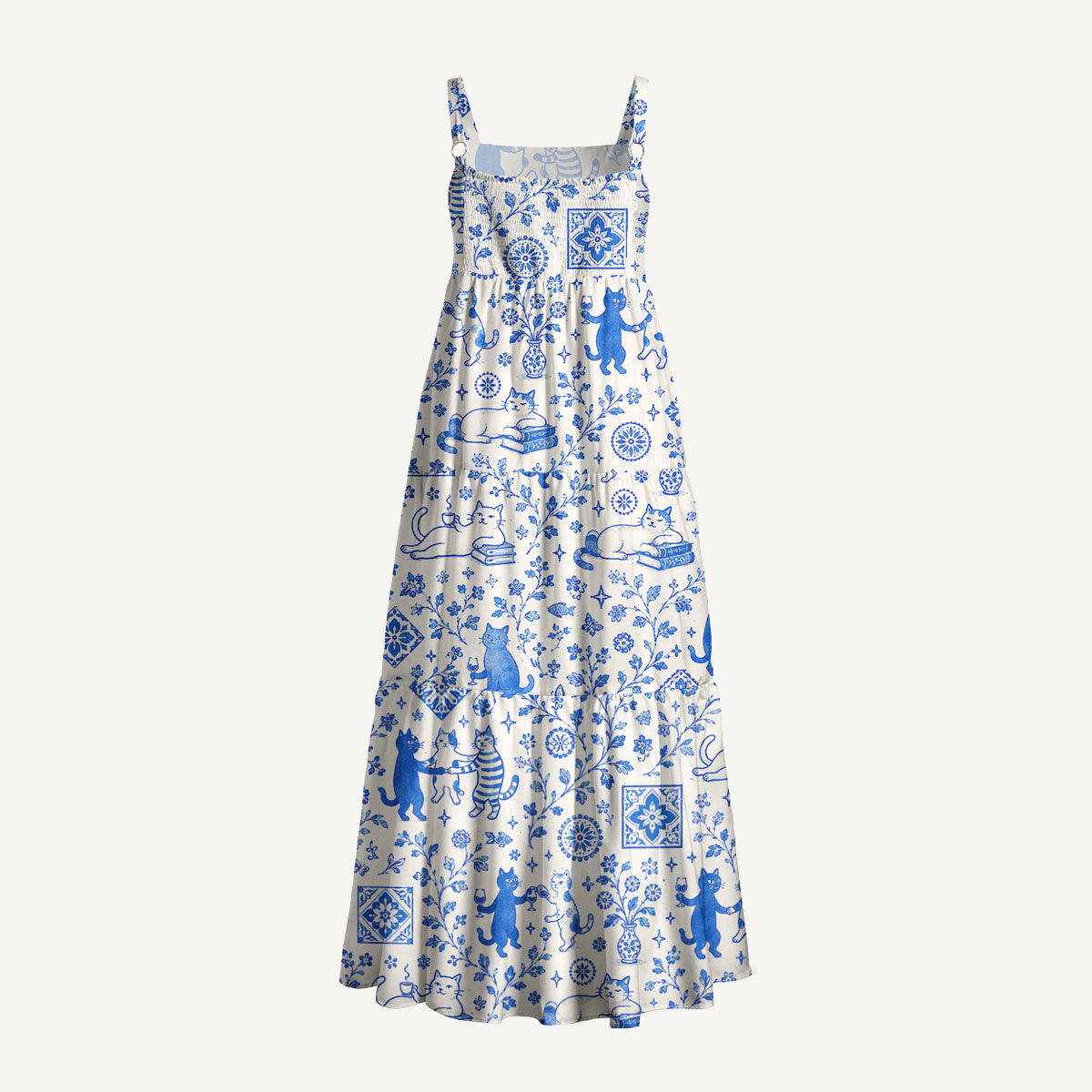 Whimsical Delft Cats Print Wide Straps Maxi Dress With Pockets